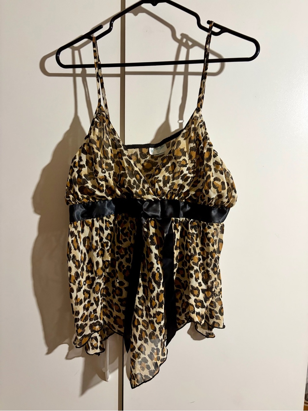 Leopard Print Spaghetti Strap Women’s Top with Satin Waist Tie